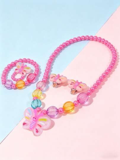 5pcs/Set Cute Butterfly Charm Beaded Necklace, Bracelet, Ring And Earring Jewelry Set For Children, Suitable For Daily Wear, Festivals, Birthday Gifts For Girls