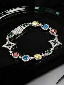 European And American Hip-Hop Style Colorful Star Bracelet Necklace, Unisex Lightweight Luxury Copper Inlaid Zirconia Cuban Chain, Street Fashion Accessory - Colored Gemstone Star Cuban Chain - View 9
