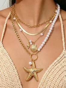 4pcs Fashionable Versatile Multi-Layer Snake Chain Pearl Necklace With Starfish & Shell Pendant Set, Bohemian Style For Women, Suitable For Holiday, Party, Beach - Gold - View 1
