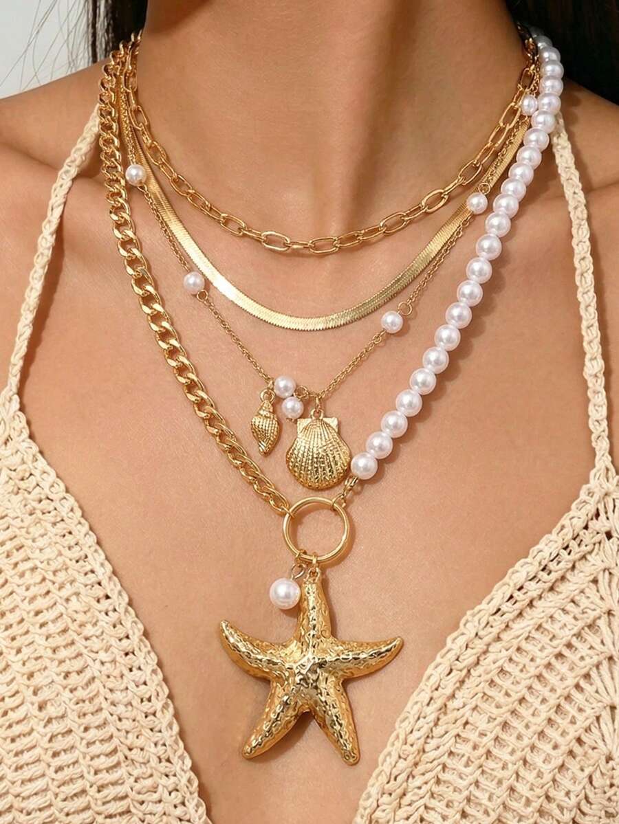 4pcs Fashionable Versatile Multi-Layer Snake Chain Pearl Necklace With Starfish & Shell Pendant Set, Bohemian Style For Women, Suitable For Holiday, Party, Beach - Gold - View 1
