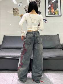 1pc Women's Loose Fit Embroidered Wide Leg Jeans, Comfortable Casual High Street Versatile Denim Pants (Belt/Accessories Not Included) - Bronze - View 3