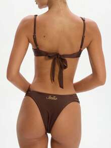 Women's 2 Piece Bikini Set Solid Color Sleeveless Bra and Low Waist Briefs Fashion Bathing Suit - marrón café - Ver 5
