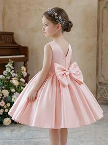 Young Girl Pink Princess Dress, Elegant Luxurious Pearl Embellished Bow Decor Satin Knee-Length Dress, Suitable For Birthday Party, Wedding Flower Girl, Prom, Graduation, Stage Performance, Casual Wear - Pink - View 3