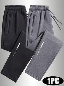 1 pieza Pantalones casuales para hombre para otoño/invierno, tela suave y cómoda, dobladillo de pierna reflectante y bolsillos con cremallera, adecuado para correr, entrenamiento diario y salidas casuales - Negro - Ver 2
