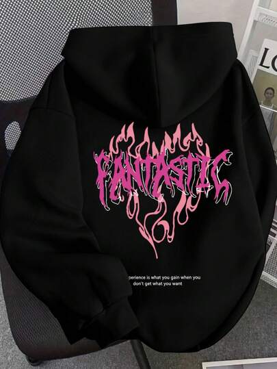 Mujer003 Sudadera con capucha para caballero Sudadera con capucha de gran tamaño con letras góticas para mujer - con estampado de llamas y humo rosa y morado, Jersey casual de gran tamaño, Suéter de ropa urbana vanguardista, Lavable a