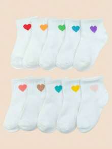 5/10/15 pares de calcetines de niña con patrón de corazón de color caramelo, calcetines lindos para niños para la escuela, deportes, todas las estaciones, adecuados para niñas, calcetines blancos para niños y niñas - calcetines transpirables hasta el tobillo, calcetines básicos diarios para niños, accesorios de ropa para niñas, calcetines para zapatos de niñas, calcetines cortos, suministros para bebés, calcetines para niñas bebés - Multicolor - Ver 10