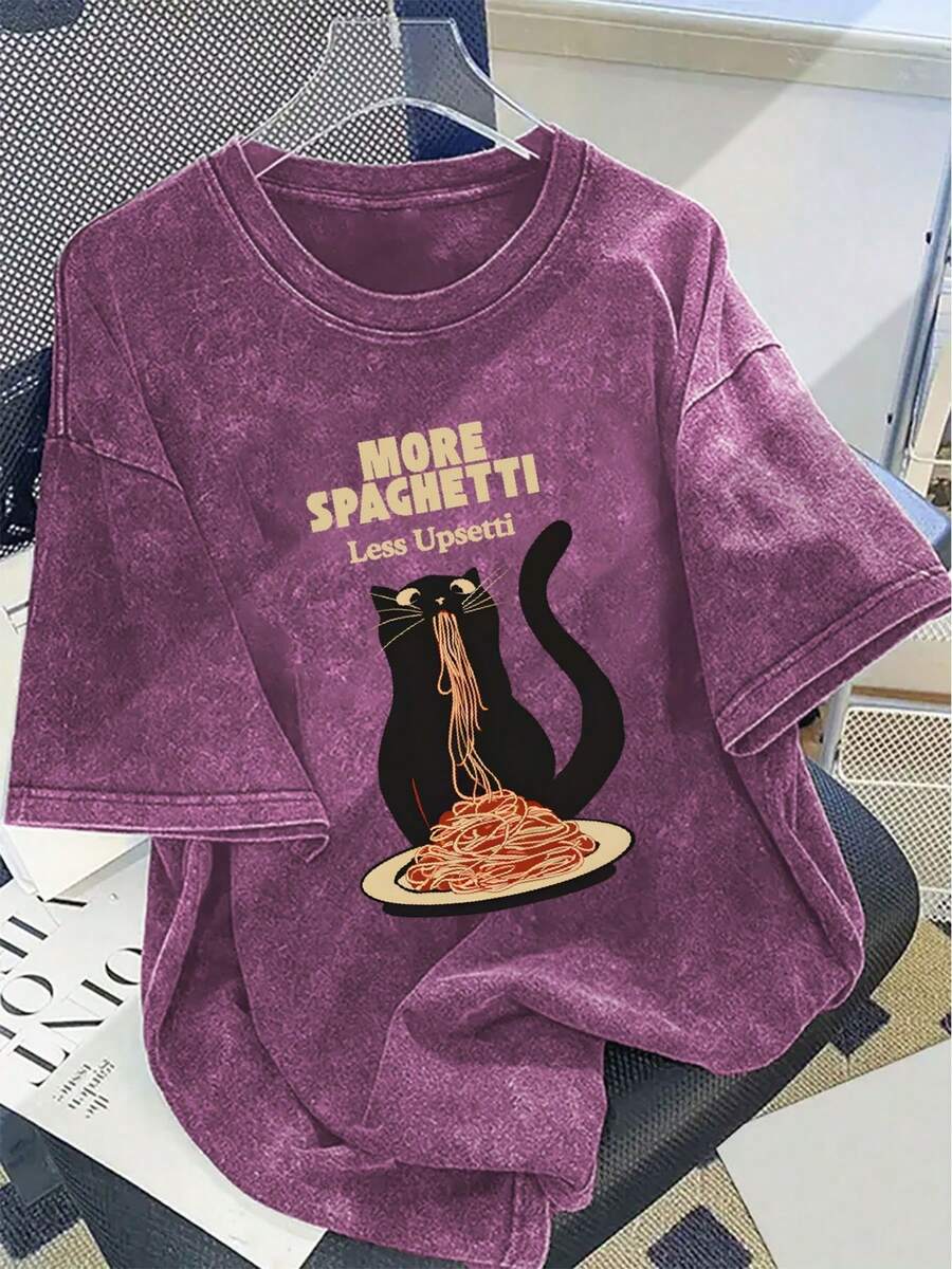 Cotton T Shirts Women2026Y2K Elegant Women's Pure Cotton Washed Short Sleeve T-Shirt With Creative Exquisite Pattern Of A Black Cat Eating Spaghetti M - Orca Coatings-紫色 - 查看 1