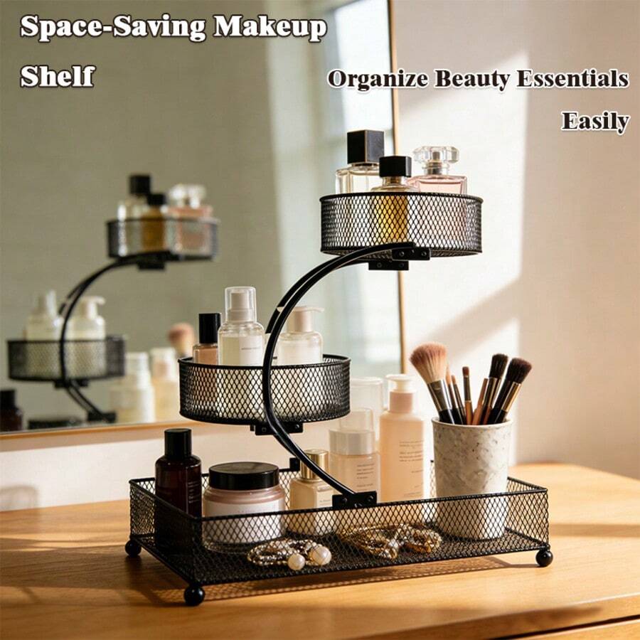 Storage Rack, Three-Tier Lightweight Metal Cosmetic Storage Rack With Circular Baskets, Rust-Resistant Coating, Dormitory Storage Rack, Bathroom And Kitchen Storage Rack, Outdoor Storage Box/Cabinet Rack – Makeup Organizer. - 經典黑色有圓形籃子 - 查看 1