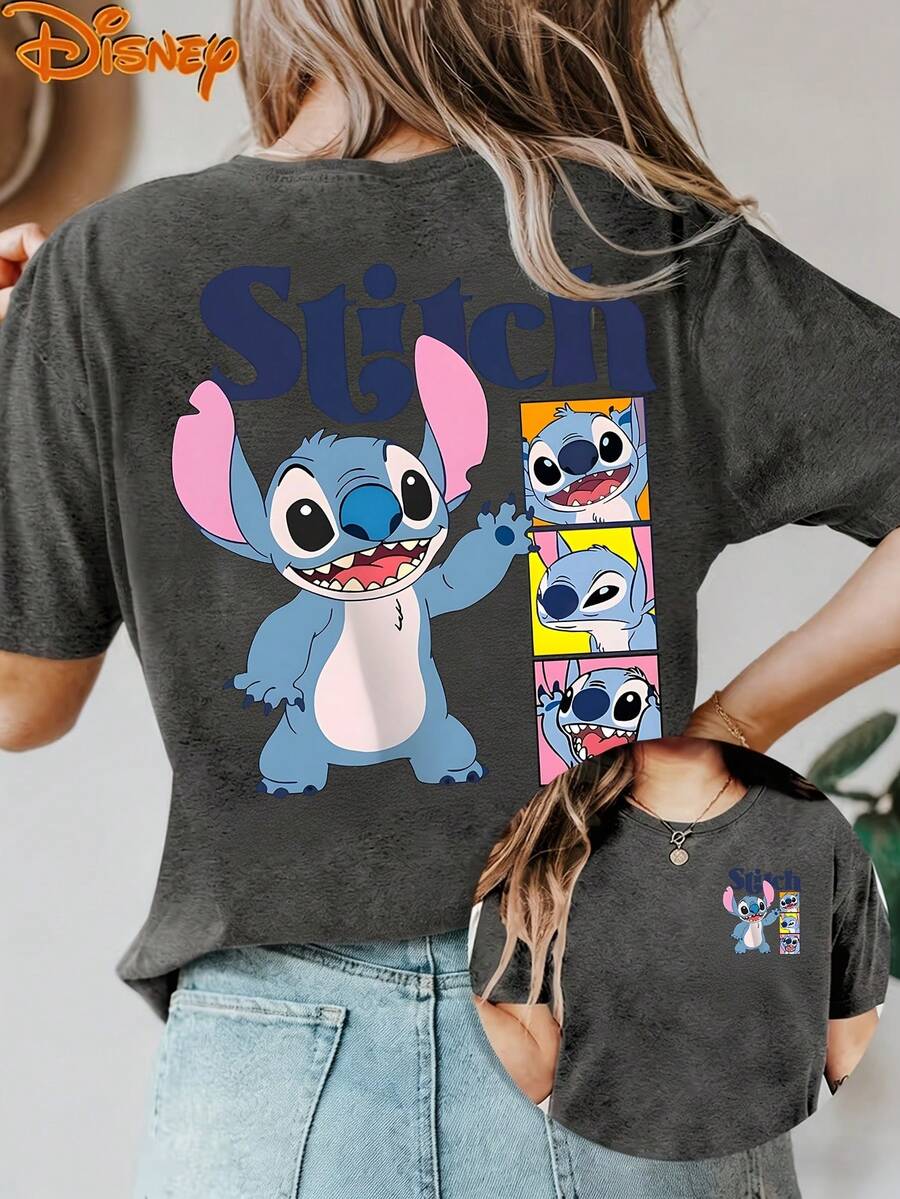 Disney License T Shirts,Disney Lilo & Stitch Graphic T-Shirt For Women, Casual Loose Fit Stitch Panel Print Short Sleeve Tee, Cute Cartoon Character Top, Family Matching Mommy & Me Outfit,  Disney Movie Vacation Summer Fashion Top ,Camiseta, Summer Outfits For Women, Summer Clothes, Summer Tops, Tops For Women, Festival Outfits, Summer Tops For Women, Mother's Day, Mother's Day Clothing, Gifts For Family And Friends, Spring Outfits For Women, Officially Licensed Disney T-Shirts, Disney Men's And Women's Spring/Summer Fashion Casual Short-Sleeve T-Shirts - Xám - Xem 1