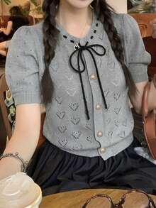 Áo dệt kim tay ngắn khoét hình trái tim, áo croptop ôm dáng có nơ cho mùa hè - Xám - Xem 3