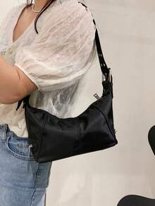 2026新款女士单肩包，小众设计手提包，休闲百搭简约时尚腋下包，舒适PU材质纯色设计，拉链封口，可调节长肩带，容量大，春夏枕形包 - 黑色 - 查看 7