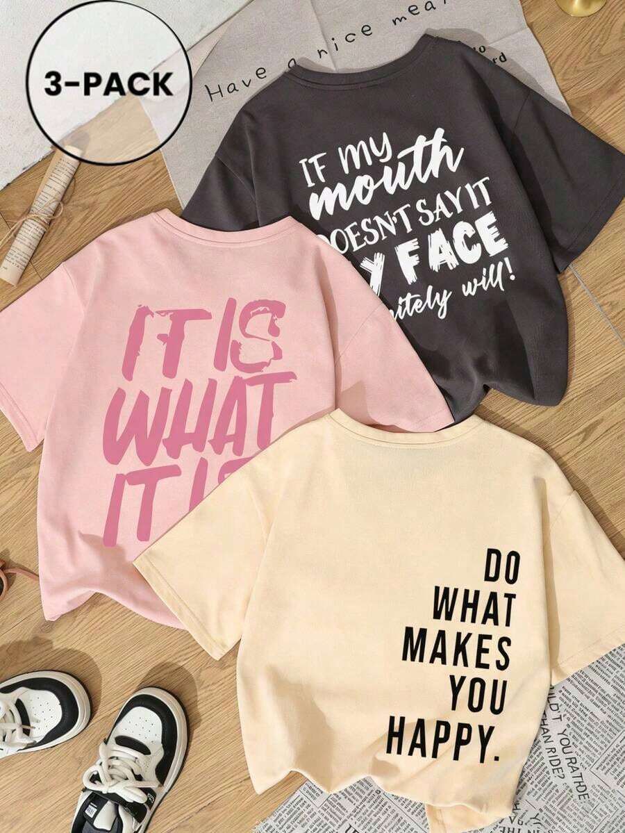 3pcs Women's New Casual Cute Pattern Loose Fit Round Neck Short Sleeve T-Shirts, Fashion Daily & Holiday Wear.Women's New Summer, Graphic Print 3-Piece Set Round Neck Tees.Suitable For Valentine's Day, Back To School, Teacher's Day And Other Holidays.Letter Print Soft, Loose & Comfortable Streetwear Casual Short Sleeve Tops - 粉色 - 查看 1