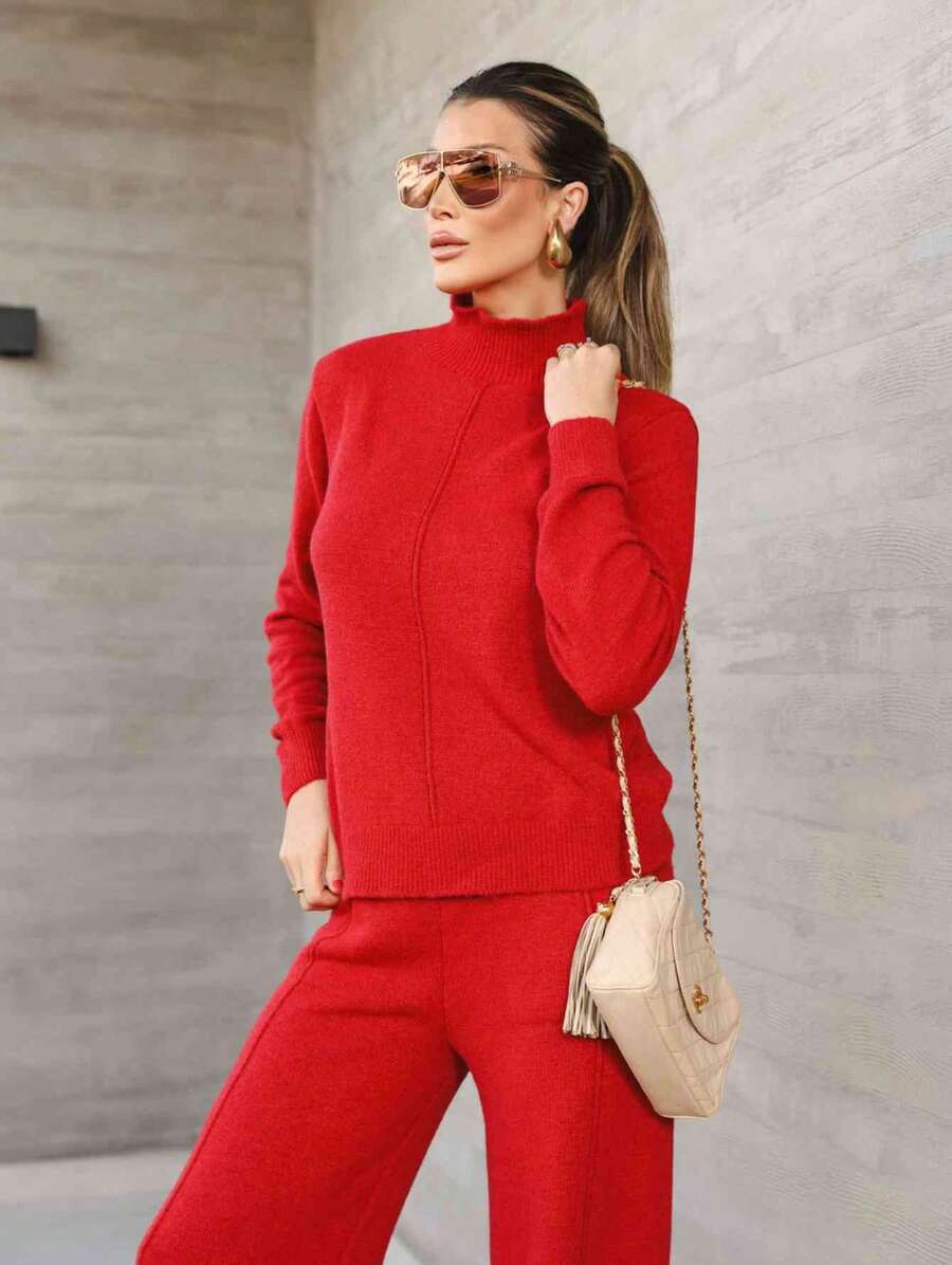 Premium Soft Knit Set, Sophisticated High Neck, Straight Cut, Warm Knit For Winter, Comfy Chic Look - 紅色 - 查看 1
