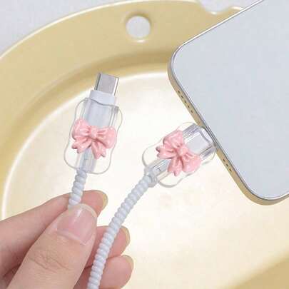 2个装纯色波点蝴蝶结通用Lightning（5-14）Type-C数据线保护套 - 耐用、防断裂、时尚手机配件设计 - 塑料材质，饰有可爱蝴蝶结，充电线保护套