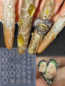 3D心形美甲模具，饰以蝴蝶翅膀和巴洛克复古图案，适用于树脂美甲设计、DIY美甲模板、美甲师工具和美甲护理产品 - 無色 - 查看 3