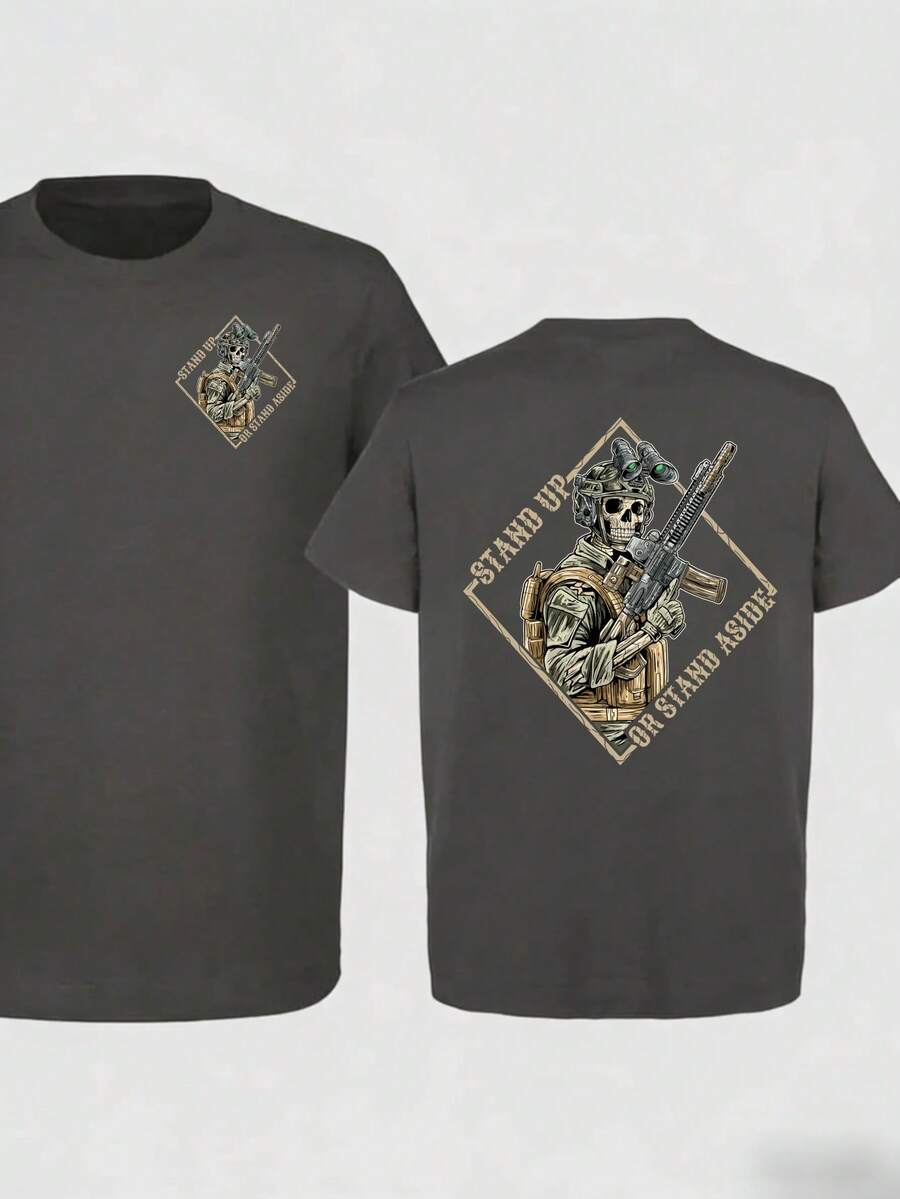 Men's Pure Cotton T-Shirt Funny Print T-Shirt,Mens Clothes,Stand Up Or Step Aside! This T-Shirt Is A Bold Military-Style Statement, A Perfect Gift For Her Or Him, A Round-Neck Streetwear Fashion Item,Summer Outfits,Streetwear,Y2k - Xám - Xem 1