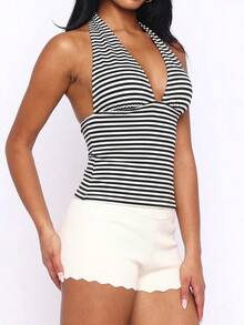 Canotta in maglia senza maniche da donna, design a righe, adatta per l'estate, la spiaggia, le vacanze e l'uso casual quotidiano, colore nero - nero - Visualizzare 12
