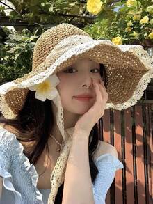 1pc Women's Straw Hat, Lace Trim Straw Hat, Tie Strap Sun Bucket Hat, Wide Brim Sun Protection, Small Visor, Ideal For Summer Beach Vacation And Seaside,Holiday,Travel - Multicolor - View 6