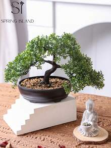 1棵人造盆栽树，黑色花盆，高7.9英寸（20厘米），绿色仿真植物，适合家居和办公室装饰 | 非常适合摆放在架子、书桌、浴室 | 乡村风格节日装饰、情人节装饰、春夏装饰、家居点缀 - 綠色-A - 查看 10