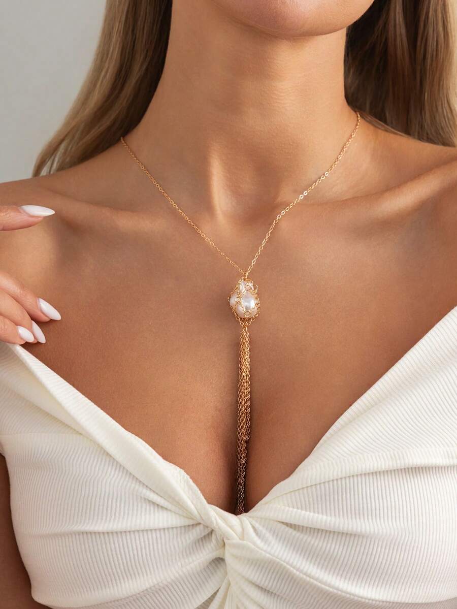 1pc Elegant Geometric Metal Chain Faux Pearl Pendant Y-Shaped Tassel Long Necklace, Luxurious Jewelry For Wedding, Party, Vacation, Casual Wear, Street Style, Women's Gift For Couples, Holiday, Birthday, Versatile