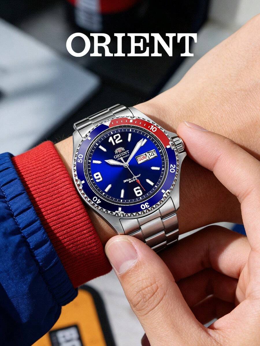 Orient 男士自动机械表，蓝色表盘，潜水风格不锈钢表壳，200米防水，百事圈，经典腕表，时尚配饰，适合度假、派对、日常佩戴。情人节、结婚纪念日送给丈夫、男友的理想礼物。 - 藍色 - 查看 1