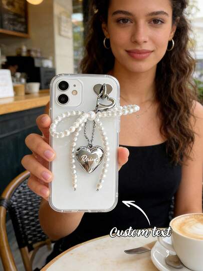 Dije personalizado para teléfono, texto personalizado, lazo de perla minimalista y dulce, corazón de plata, colgante con forma de corazón, decoración de teléfono, mi amado, dije personalizado para teléfono, regalo personalizado