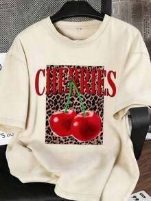 Vintage Tops2026 Summer TopsEs Trus Cotton Summer Women's Funny Graphic Tee, Streetwear Style Leopard Print Cherry Letter Pattern, Comfortable Retro Basic Casual Chic Y2K Tee For Door, Regular Petite Punk Slim Fit Black Round Neck Short Sleeve Washed T-ShirtLoose And ComfortableshirtLoose And Comfortablesummer Clothes Women Retro Clothes Women - 杏色 - 查看 9
