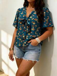 Blusa casual con volantes florales para mujer de talla grande, elegante para oficina en el campo, tops de primavera/verano para jóvenes, estampado botánico todo sobre para vacaciones - Multicolor - Ver 4