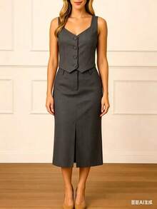 Women's Premium Tailored Vest And Midi Skirt Set - Versatile For Work And Events - Grey - View 2