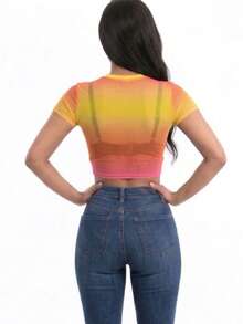 Women's Sexy Mesh Sheer Short Sleeve Crop Top, Cover Up Summer T-Shirt - Yellow Multi - View 3
