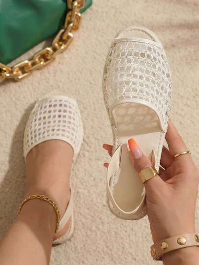 planare New Women's Beige Mesh Woven Flat Sandals, Slingback Peep Toe Sandals, Comfortable And Lightweight, Suitable For Any Occasion, Summer Slippers