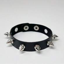 1 pieza Brazalete de cuero de PU con remaches y estampado geométrico de estilo punk, adecuado para fiestas en todas las estaciones - Negro - Ver 10