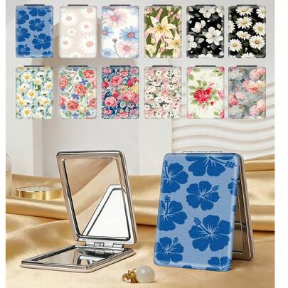 1 pieza Espejo de maquillaje plegable de estilo floral británico campestre, ligero y compacto de cuero de PU duradero, adecuado para viajes, fiestas, trabajo, escuela, apto para todas las edades