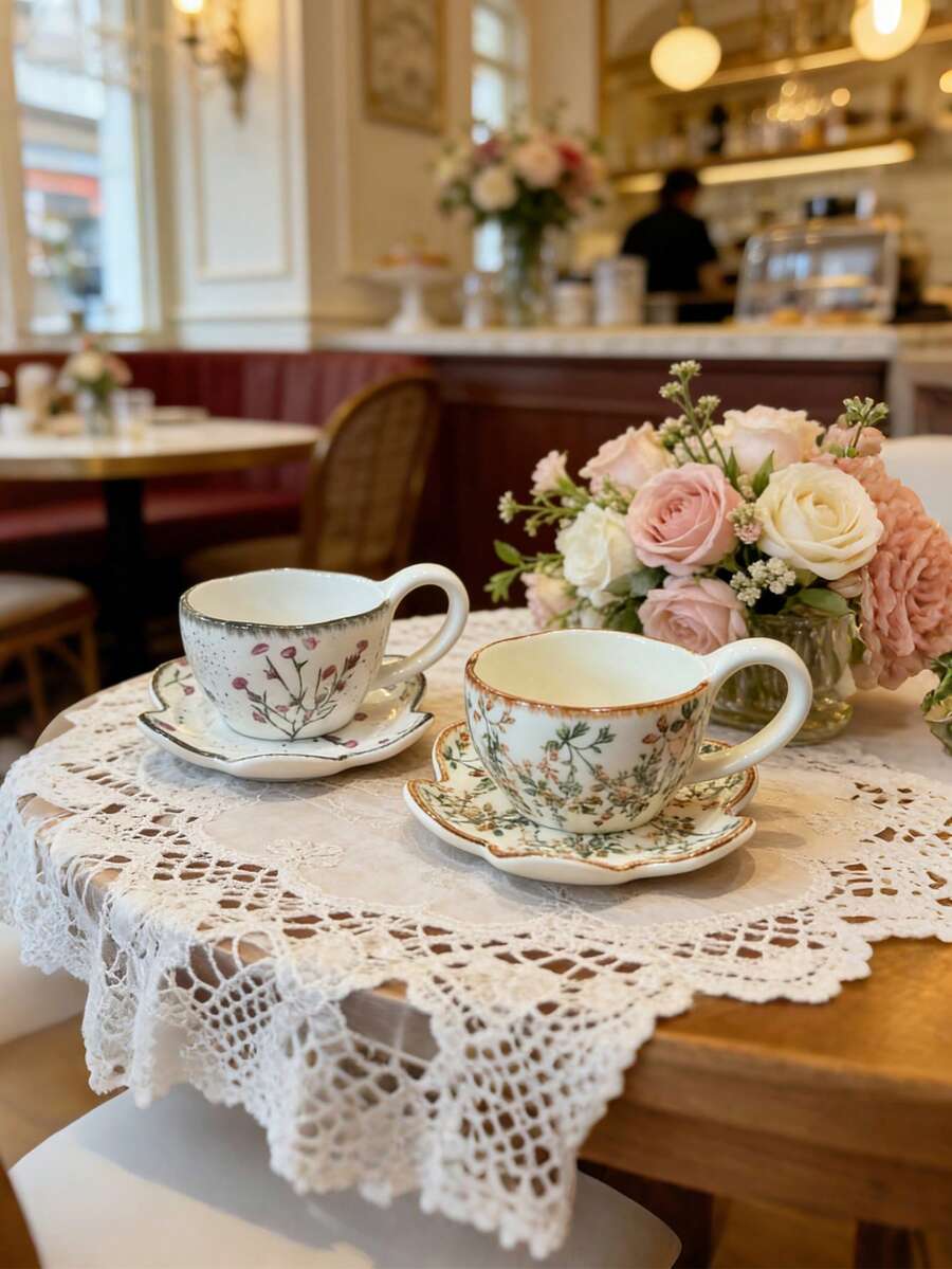 1 Set, Modern Minimalist Ceramic Cup & Saucer, Heat-Resistant Hand-Painted Petal Cup & Saucer, Tea/Coffee Cup & Saucer Set, Gift For Friends & Family, Suitable For Home, Office, Gathering - Multicolor - View 1