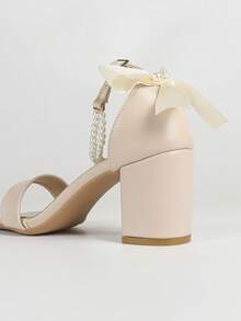 Damen Perle Schleife Dekor Sandaletten mit Absatz, süßer Stil, apricotfarbene Sandalen mit rundem Zehenbereich, Schleife und Absatz für den Sommer - Aprikosenfarben - Übersicht 9