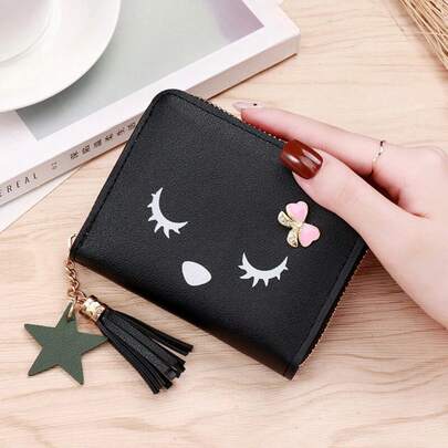 1Pc Cute Cat Tassel Short Wallet For Women, Fashionable Minimalist Handheld Card Holder, Portable Lightweight Purse, Compact Daily Cash & Card Organizer For Girls