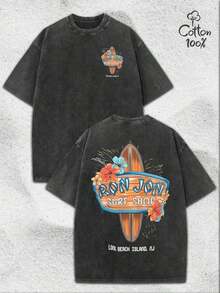 Surf Shop Logo With Surfboard And Tropical Flowers Graphic Print Cool Stylish T-Shirt For Mens,Summer Avant-Garde Casual Loose Breathable T-Shirt, Crew Neck Pullover, Slightly Stretchy Soft Fabric, Fashionable Design, Ideal For Daily Outings, Personality Style[Street Comfort Cotton T-Shirt] - 黑色 - 查看 6