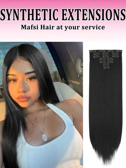 Tóc nối thẳng dạng kẹp, dài 18/22/26 inch, 7 miếng/bộ, chất liệu sợi tổng hợp chịu nhiệt, kiểu dệt đôi, màu đen.