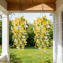 4pcs Artificial Bicolor Morning Glory Hanging Plants, Lifelike And Evergreen, Maintenance-Free, Suitable For Indoor/Outdoor Home Decor, Great For Spring Outdoor Use, Applicable For Porch, Window Sill, Balcony, Accent Wall, Room Decor, And Modern Wedding Garden Decoration | Garden And Yard Decor - Yellow and White - View 10
