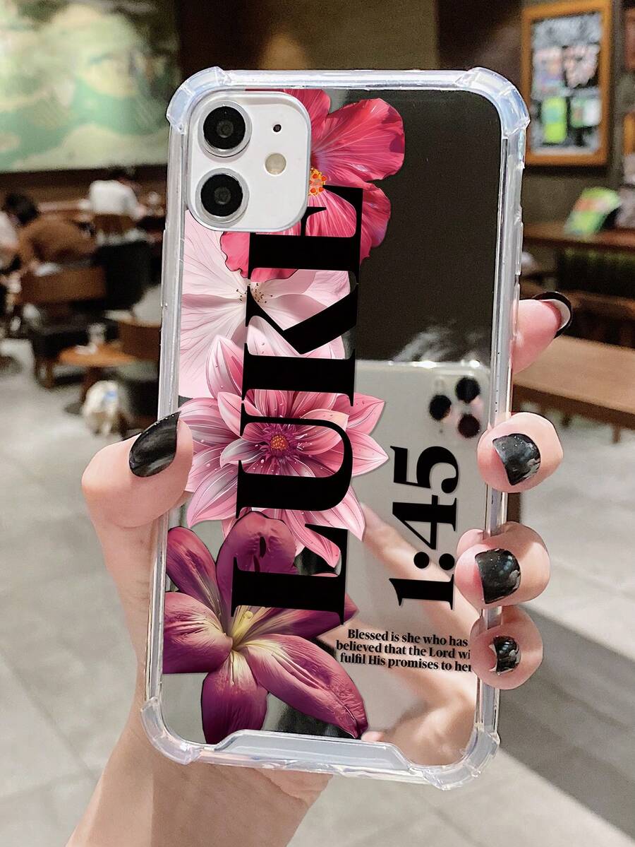 1pc Floral Slogan Acrylic Mirror Phone Case, Compatible With IPhone 16/16Pro/16Plus/15/15ProMax/15Pro/11/12/13/14ProMax/12Mini/13Mini/11Pro/11ProMax/12Pro/12ProMax/13Pro/13ProMax/14Pro/14ProMax, Soft Shell, Elegant Creative Design - Multicolor - View 1