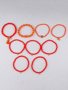 Set de 9 piezas de pulsera con colgantes de cristal y cuentas de semilla con diseños de pez naranja, elefante, ojo malvado y estrella, pulsera multicapa con borlas, adecuado para uso diario, citas y playa en verano de mujeres - Naranja - Ver 3