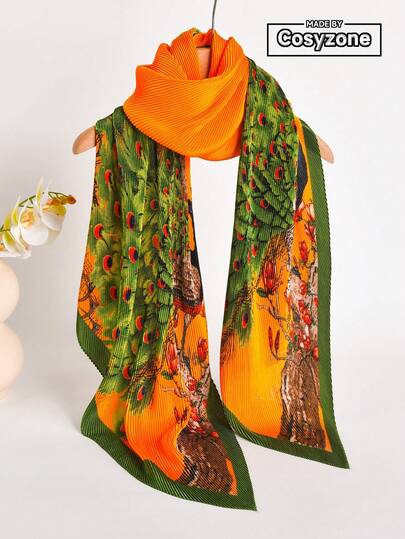 1pc Elegant Peacock Print Crinkle Silk-Like Scarf, Versatile Lightweight Shawl/Wrap For Women, Suitable For Daily Wear, Air Conditioning, Sun Protection, Spring/Summer,Beach,Holiday