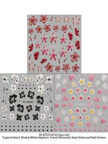 3pcs Tropical Island Style 5D Embossed Nail Stickers - Summer Hibiscus, Lace, Textured Pattern Nail Art Decals - For Spring/Summer, Music Festivals, Vacations, Weddings - Multicolor - View 11