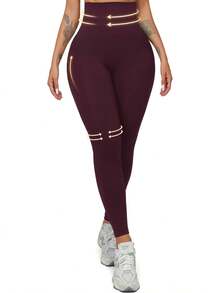 1pc Seamless Yoga Leggings, Lightweight High Cinched Waist Tummy Control Cropped Pants, Spring/Summer - Burgundy - View 5