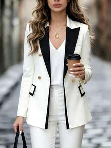 Women's Chic Lapel Button Casual Blazer Jacket White Spring - White - View 3