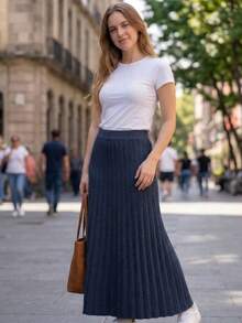 Women's Pleated Knit Skirt, Long, Wide Waistband, Evangelical Style, Elegant And Casual Knit - 海洋 - 查看 4