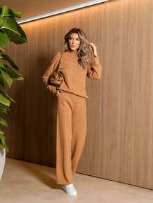 Premium Soft Knit Set, Sophisticated High Neck, Straight Cut, Warm Knit For Winter, Comfy Chic Look - Camel - View 2