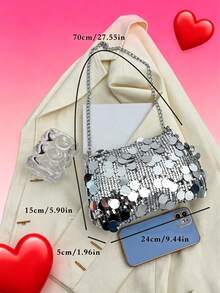 Fashionable Glitter Sequin Rectangle Handbag, New Versatile Zipper Crossbody Bag, Unique Chain Strap Evening Clutch - Silver - View 6