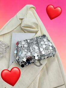 Fashionable Glitter Sequin Rectangle Handbag, New Versatile Zipper Crossbody Bag, Unique Chain Strap Evening Clutch - Silver - View 7