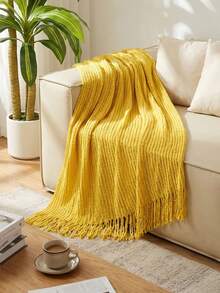 1 Stück hellblau karierter gestrickter Decke, nordischer lässiger Stil mit Quasten rechteckige warme Überwurfdecke für Sofa, Büro Mittagsschlaf, geeignet für den täglichen Gebrauch - Kettenschal gelb - Übersicht 3